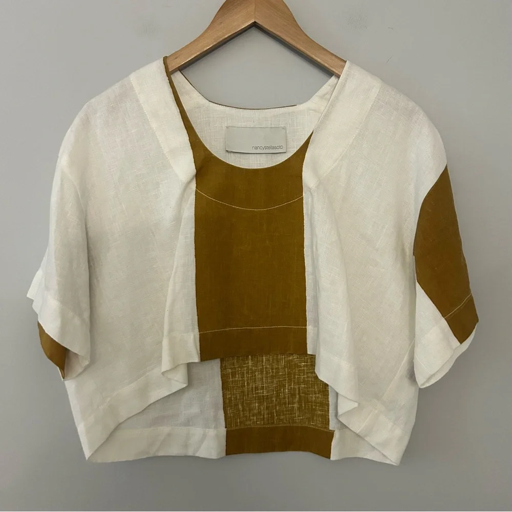 NANCYSTELLASOTO Nancy Stella Soto SLSS Linen Blouse in Brown White - Picture 2 of 6